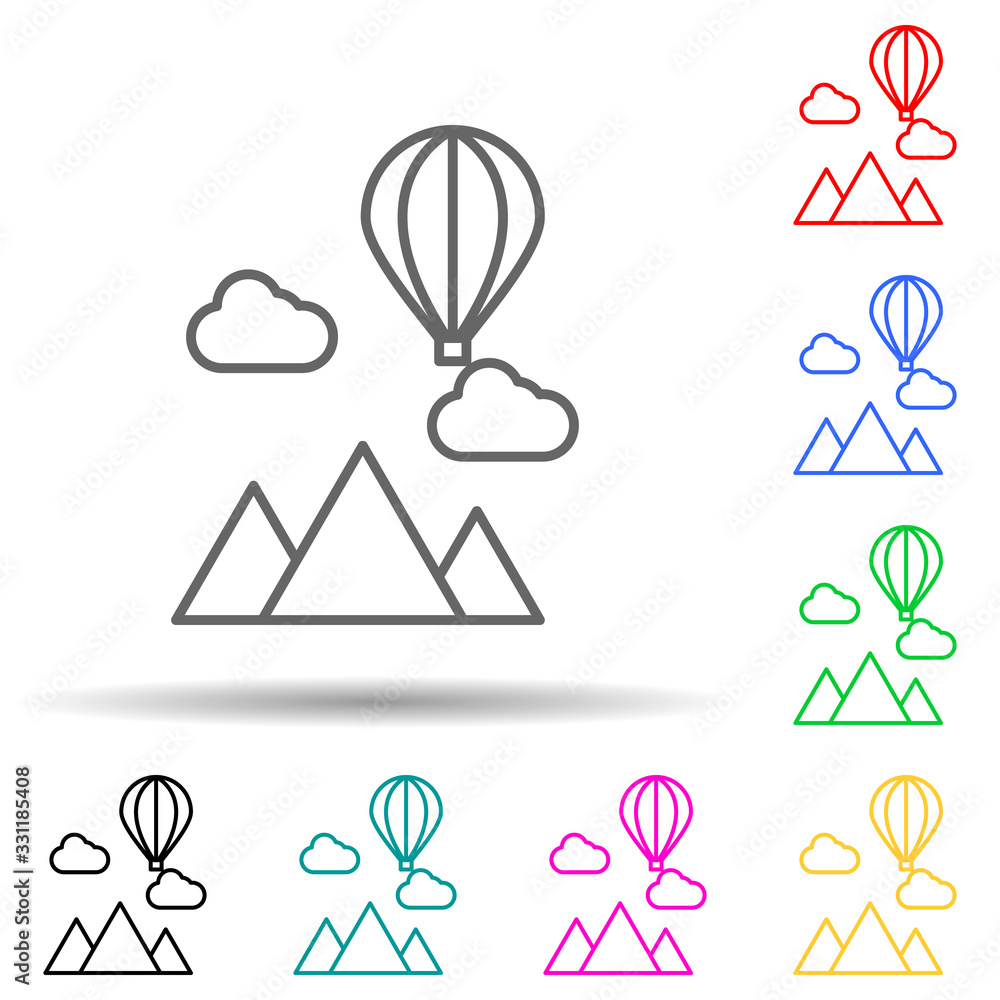 Poster mountains and balloon multi color set icon. simple thin line, outline vector of landspace icons for 