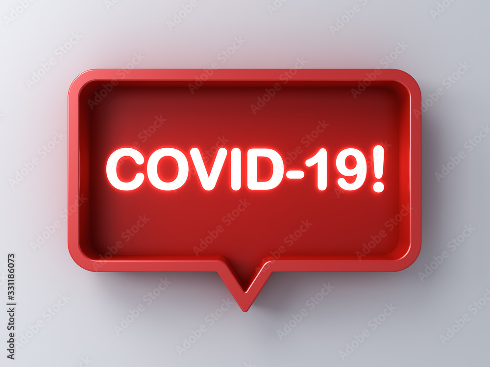 Poster 3d social media notification neon light covid-19 virus with exclamation mark  in red rounded rectangle pin concept isolated on white background with shadow 3D rendering