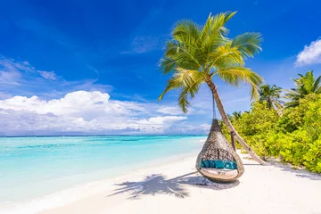 Foto op Plexiglas Tropical beach background as summer landscape with beach swing or hammock and white sand and calm sea for beach banner. Perfect beach scene vacation and summer holiday concept. Boost up color process © icemanphotos