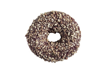 chocolate donut with nuts on a white background close up isolated
