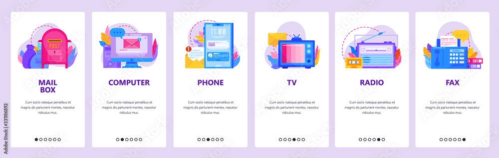 Aufkleber communication website and mobile app onboarding screens vector template