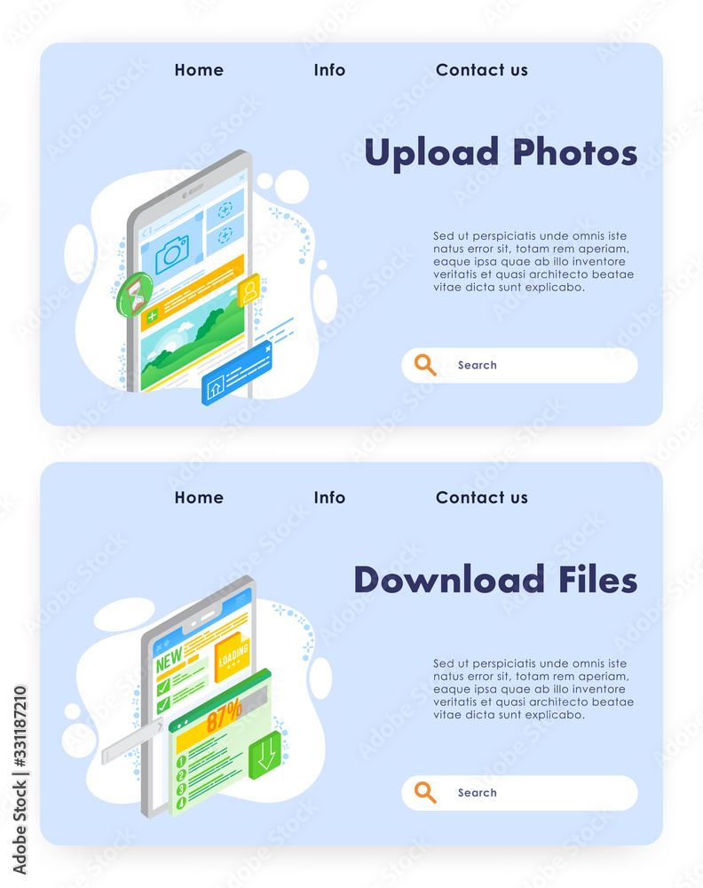 Poster upload photos vector website landing page template set