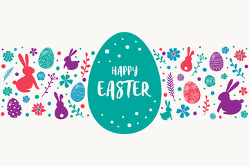 Happy Easter. Colourful eggs, bunnies and flowers on white background. Vector