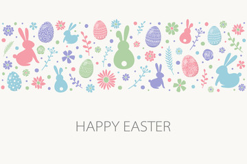 Cute bunnies, eggs and flowers on background with Happy Easter wishes. Vector