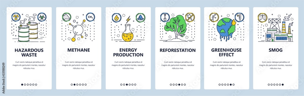 Poster hazardous waste website and mobile app onboarding screens vector template