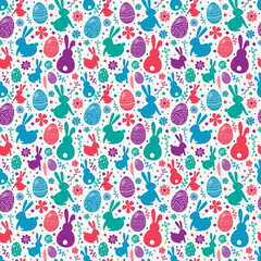 Easter texture with colourful eggs, bunnies and flowers. Seamless pattern. Vector