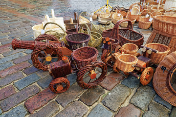 Various wicker baskets at the Christmas market in Riga