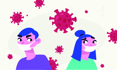 Obraz na płótnie Canvas Illustration of a woman and a man in protective masks. Vector. Epidemic. Worldwide pandemic coronary virus 19. Healthy people in medical masks. Protection against viruses and bacteria. Fear of virus i