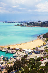 Panoramic view of seaside in Sidi Bou Said, Tunisia, North Africa