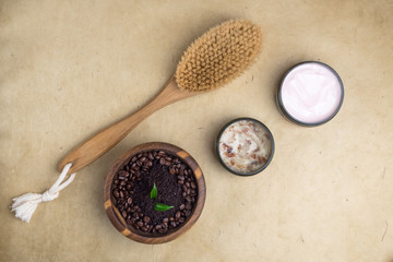 bath accessories as coffee scrub, brush