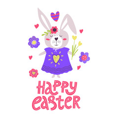 Cute Happy Easter illustration with eggs, flowers, rabbit and typographic design. Vector hand-drawn illustration.