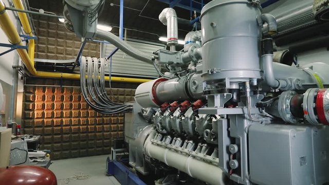 Special engine, valve and piping. equipment for biogas production. engine panorama