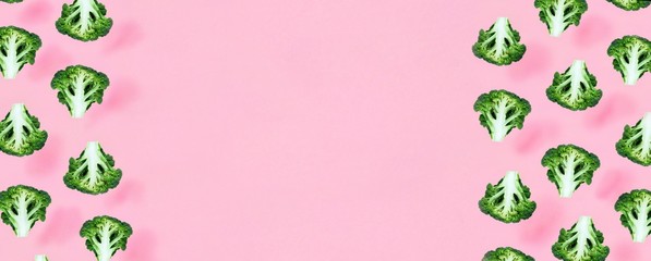 Seamless minimalistic pattern with broccoli on a pink background. Photo collage, vegan pop art design, diet, healthy food. Vegetable Banner with side border, Top view.