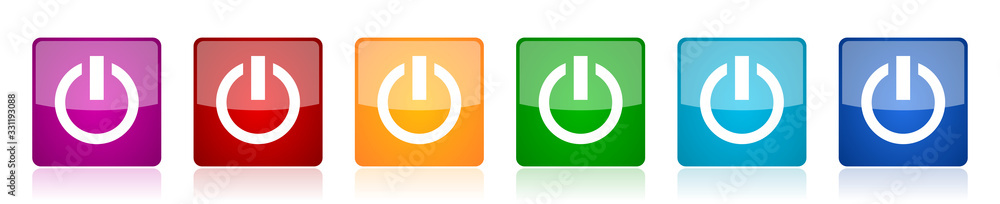 Aufkleber power icon set, colorful square glossy vector illustrations in 6 options for web design and mobile a