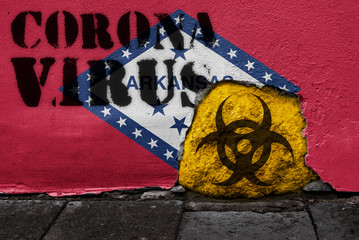 Flag of the state of Arkansas on the wall with covid-19 quarantine symbol on it. 2019 - 2020 Novel Coronavirus (2019-nCoV) concept, for an outbreak occurs in Arkansas, US.