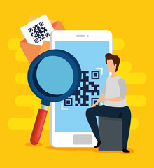 scan code qr in smartphone with man and icons vector illustration design