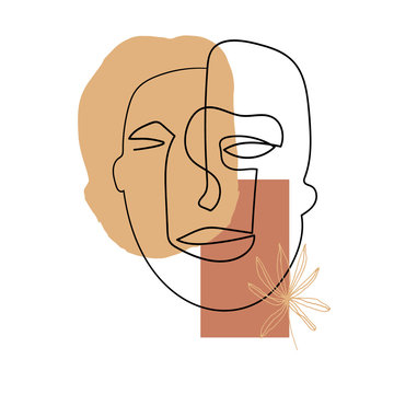 Continuous line, drawing of  face, flat concept, with geometric doodle Abstract elements pastel colors. One line continuous drawing. vector illustration