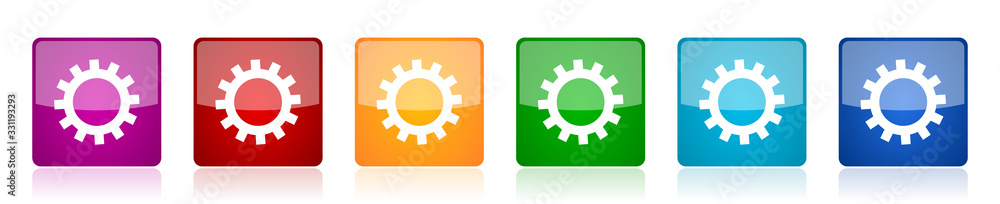 Aufkleber Gear icon set, colorful square glossy vector illustrations in 6 options for web design and mobile applications