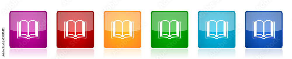 Poster book icon set, colorful square glossy vector illustrations in 6 options for web design and mobile ap