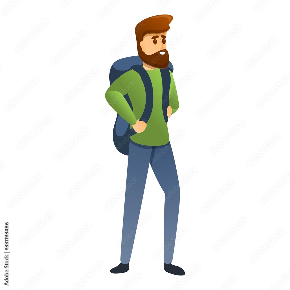 Poster man with backpack icon. cartoon of man with backpack vector icon for web design isolated on white ba