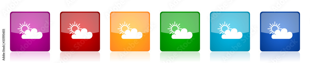 Poster Cloud icon set, colorful square glossy vector illustrations in 6 options for web design and mobile applications