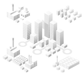 Isometric set white city with skyscrapers with houses