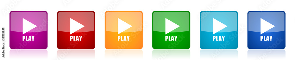Leinwandbilder Play icon set, colorful square glossy vector illustrations in 6 options for web design and mobile applications
