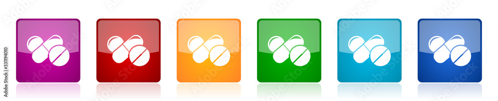 Poster medicine icon set, colorful square glossy vector illustrations in 6 options for web design and mobil