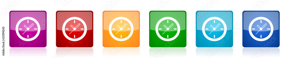 Poster time, clock, watch icon set, colorful square glossy vector illustrations in 6 options for web design