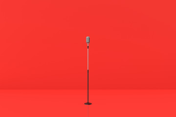 Microphone model on red background. 3D rendering.