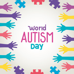 world autism day with hands and puzzle pieces vector illustration design