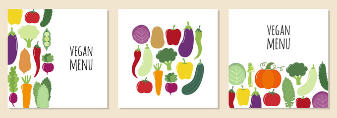 Cute set of Vegan Menu backgrounds with various vegetables