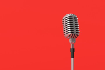 Microphone model on red background. 3D rendering.