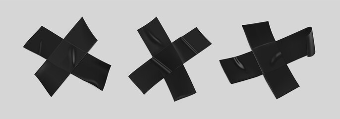 Obraz premium Black duct tape cross set. Realistic black adhesive tape cross for fixing isolated on gray background. Scotch cross. Realistic 3d vector illustration