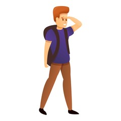 Young hiker explore icon. Cartoon of young hiker explore vector icon for web design isolated on white background