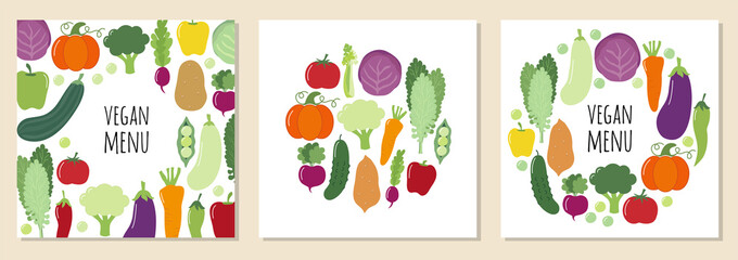 Cute set of Vegan Menu backgrounds with various vegetables