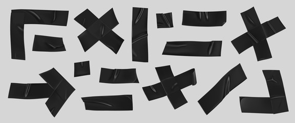 Black duct tape set. Realistic black adhesive tape pieces for fixing isolated on grey background. Scotch arrow, cross, corner and paper glued. Realistic 3d vector illustration