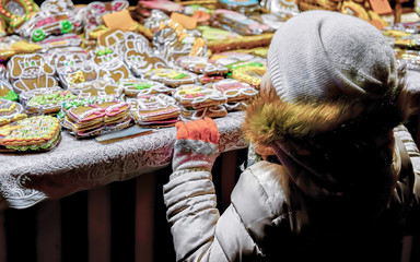 Child at Colorful gingerbreads at the Riga Christmas Market