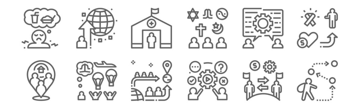 set of 12 refugee crisis icons. outline thin line icons such as nomad, process, humanitarian, assmilate, camp, global