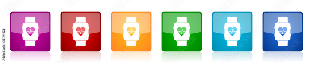 Aufkleber smartwatch icon set, smart watch, fitness colorful square glossy vector illustrations in 6 options f