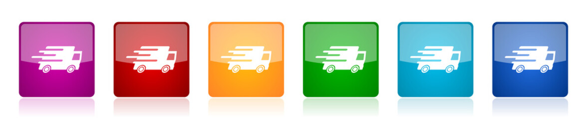 Speed transport icon set, fast delivery, truck colorful square glossy vector illustrations in 6 options for web design and mobile applications