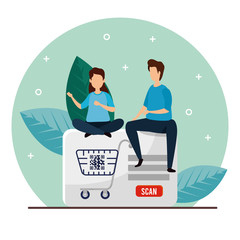 people with code qr and icons vector illustration design