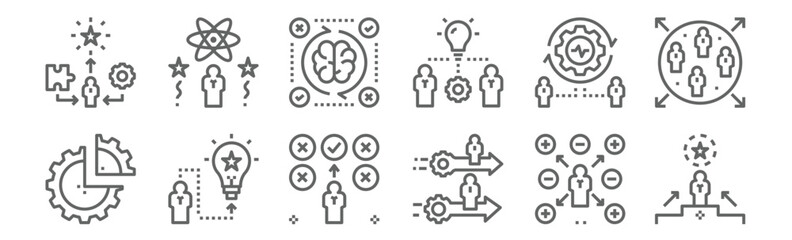 set of 12 talent management icons. outline thin line icons such as success, training, generation, activity, assessment, competence