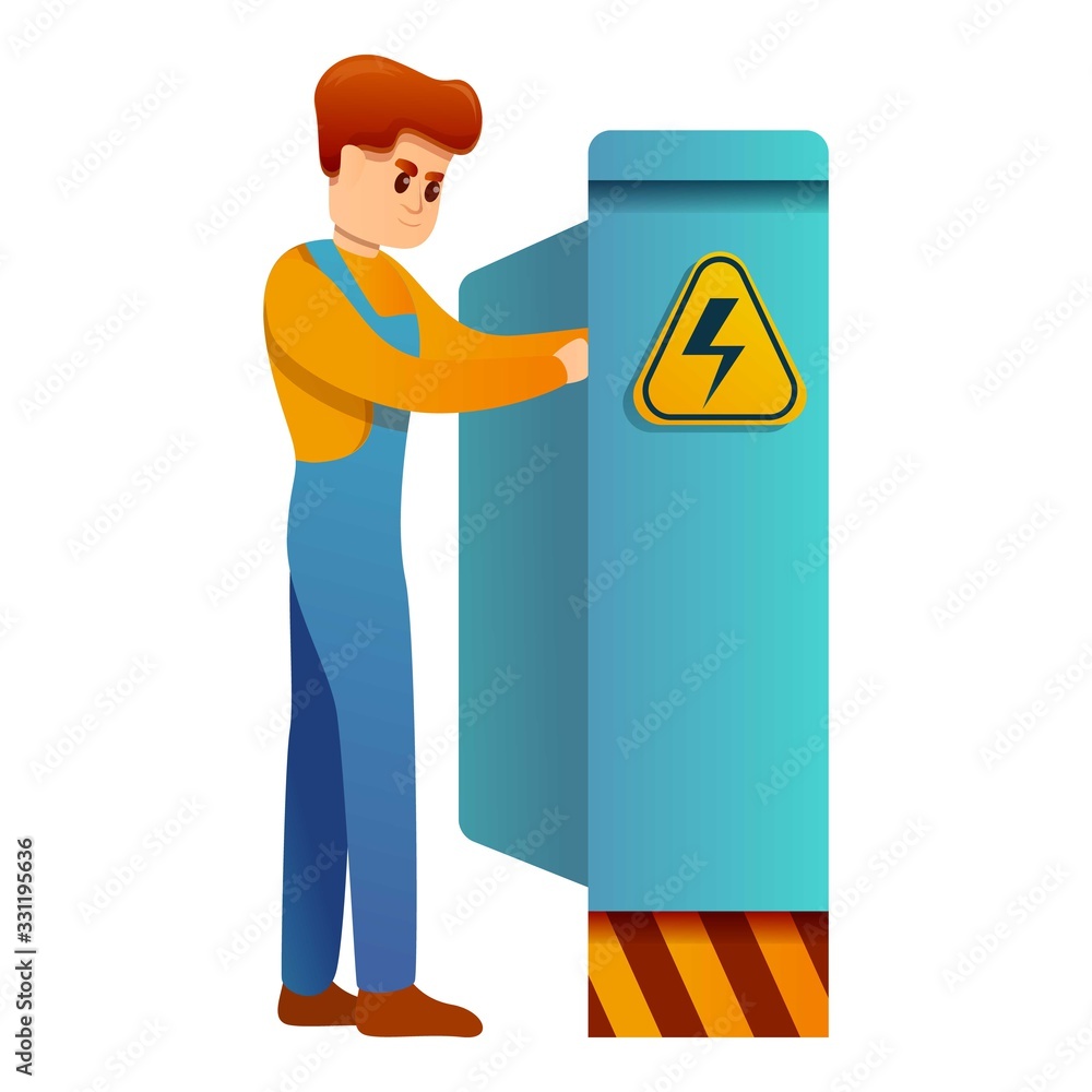 Poster engineer and voltage panel icon. cartoon of engineer and voltage panel vector icon for web design is