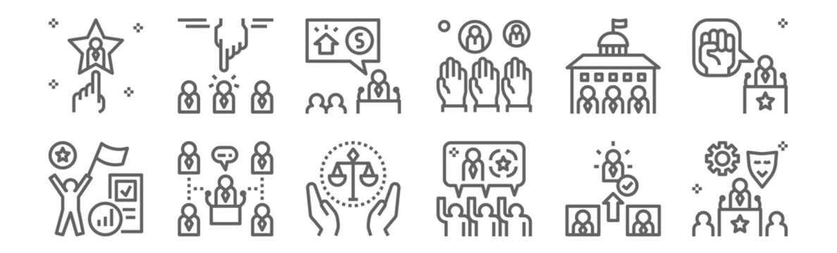 Set Of 12 Election World Icons. Outline Thin Line Icons Such As Role, Consensus, Convention, Government, Policy, Choose