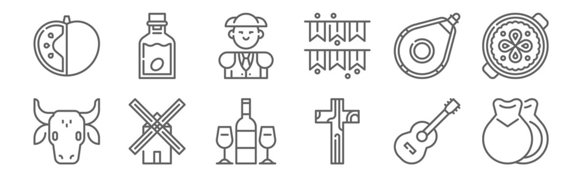 set of 12 tipical spanish icons. outline thin line icons such as castanets, religion, windmill, wineskin, bullfighter, olive oil