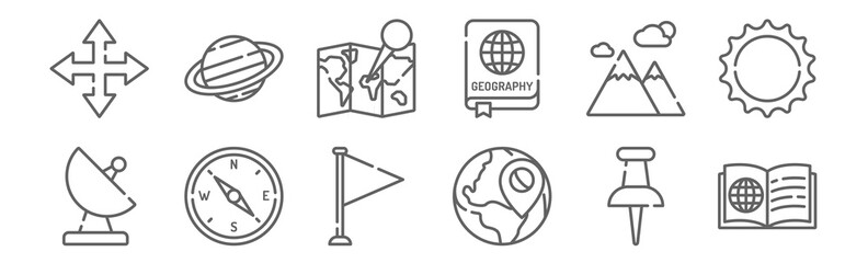 set of 12 geography icons. outline thin line icons such as book, location, compass, mountain, map, planet © MacroOne