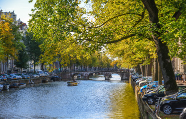 Cityscape with canal of Amsterdam, Holland