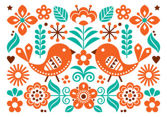 Scandinavian folk art vector cute floral pattern, greeting card or invitation A7 format design with birds, flowers inspired by traditional embroidery from Sweden, Norway and Denmark