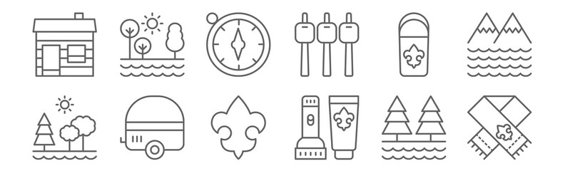 set of 12 scouts icons. outline thin line icons such as bandana, torch, trailer, lapel pin, compass, lake - obrazy, fototapety, plakaty